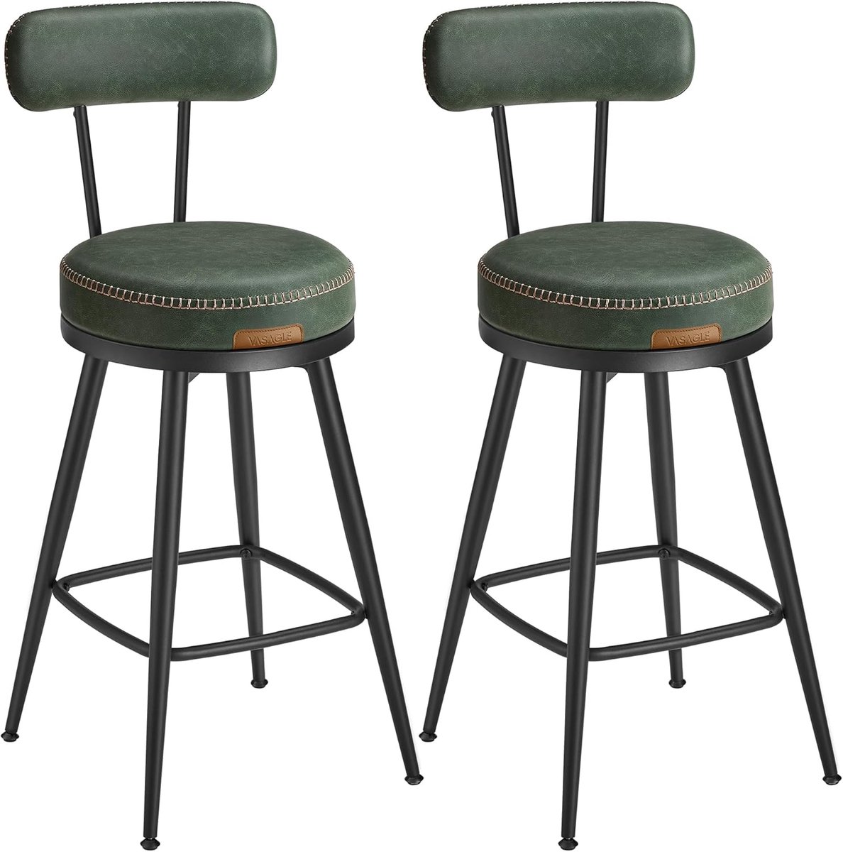 Furnstar - 360° draaibare barkruk set van 4 - Kruk met rugleuning voor keukeneiland - Kunstleer met naden - Mid-Century moderne stijl - 65 cm hoog - Keuken huisbar - Bosgroen