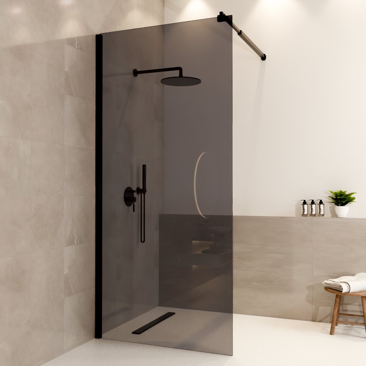 Lomazoo Douchewand Lima - 90x200 Cm - Inloopdouche Zwart - 8 Mm Rookglas - Nano Coating Anti Kalk