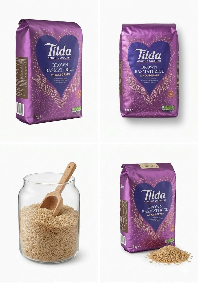 Tilda Volkoren Basmati Rijst 5 kg – Natuurlijke, Volkorengraan Rijst met Nussige Smaak | Rijk aan B-Vitamines & Vezels | Gezonde, Smettende & Veelzijdige Rijst voor Salades, Soepen & Opgewarmde Gerechten met Kajal Sticker