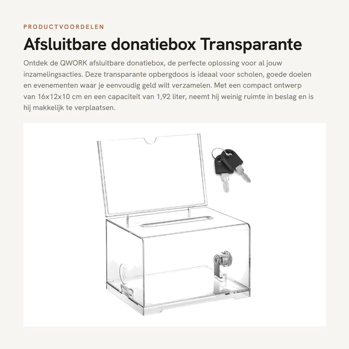 Dailygoods- Donatiebox Afsluitbaar - Collectebus - Ideeenbus - Acryl - Draagbaar - 16x12x10 cm - Veilig vergrendelingsmechanisme - Inzamelingsbox
