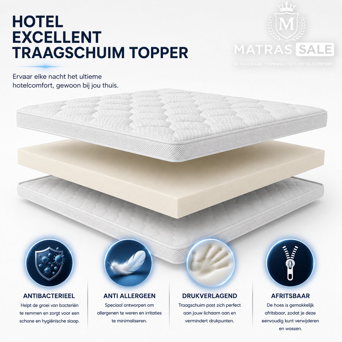 Hotel-Excellent Topper 180x200 - Tencel - Topper Traagschuim - Memoryfoam - Topmatras - Tencel Hoes - Afneembaar - Wit