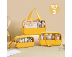 CenZ® Toilettas, Make Up Tasje, Transparant, Toilettassen, Make Up Koffer, SET van 3, Beautycase, Make Up Organizer, Make Up Tas, Reistas, Toilettas Dames, Etui, Beautycase Koffer, Cosmetica Tas, Verjaardag, Moederdag, Valentijnsdag, Cadeautje, GEEL