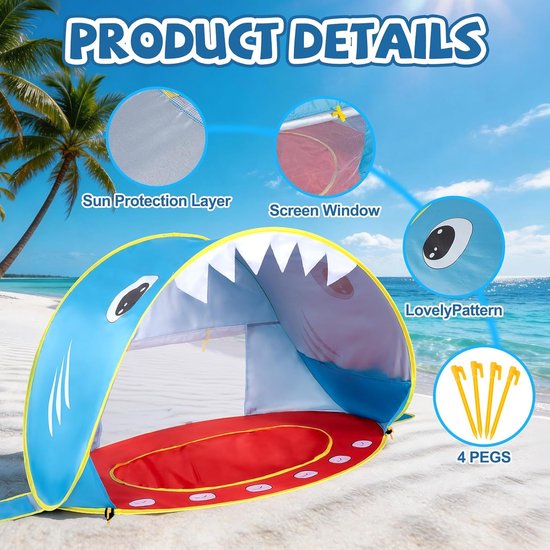 Baby Strandtent - Haai Pop-Up Tent - UV-Bescherming - Draagbaar - Geschikt voor Strand, Zwembad, Reizen en Kamperen — afbeelding 4