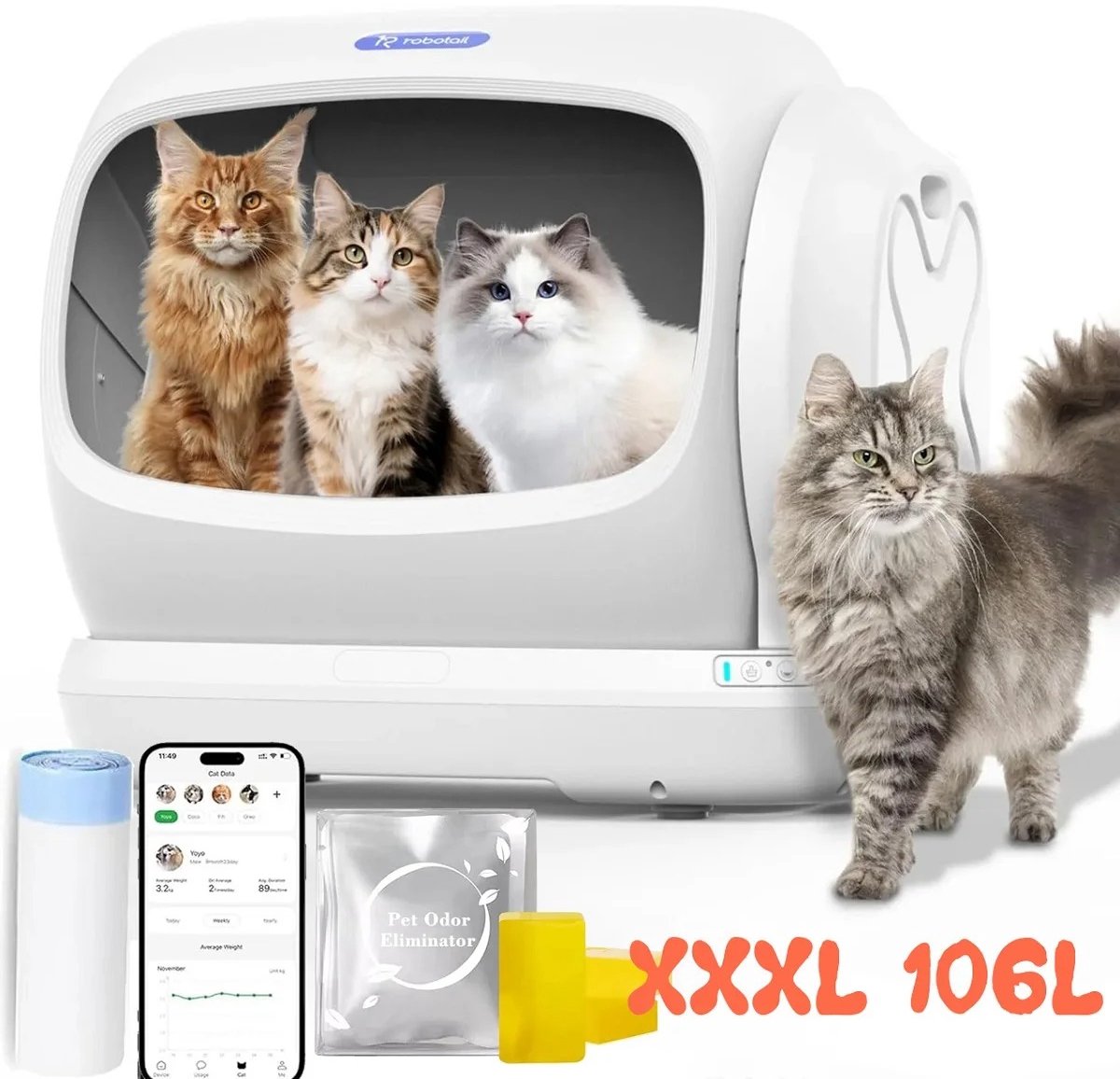 Cellista Automatische Kattenbak 106L – Zelfreinigende Kattenbak – Slimme Kattenbak met App – WiFi en Bluetooth – Grote Kattenbak – 6,7L Afvalcontainer
