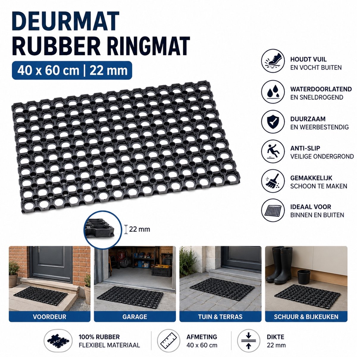Wicotex Deurmat - Rubber - Ringmat - Schoonloopmat 22mm - Afmeting 40x60cm - Kleur Zwart