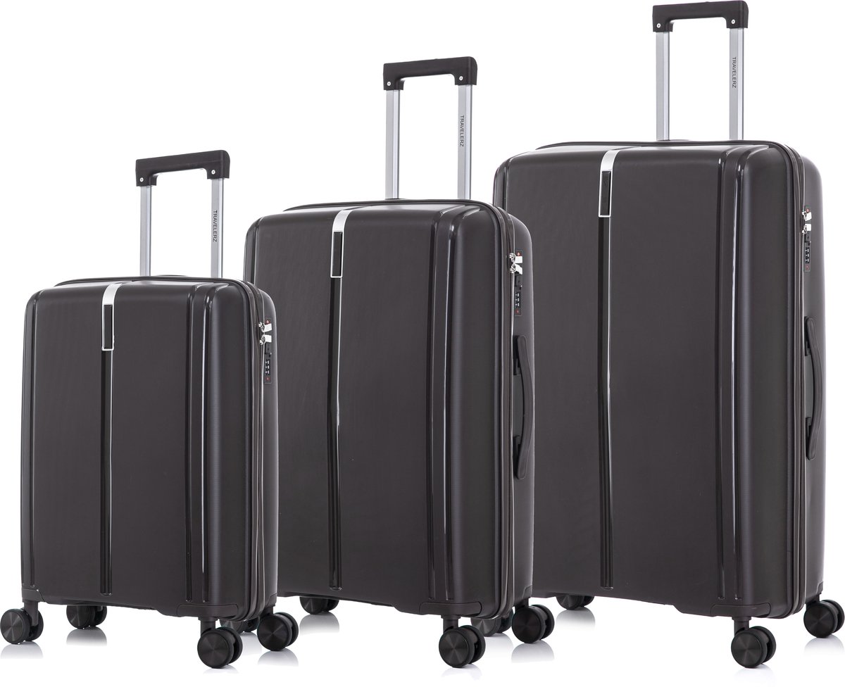 TRAVELERZ - Valencia - 3 Delig kofferset - Handbagage 42L - Medium koffer 67L & Grote koffer 97L - Polypropyleen - Harde schaal - Cijferslot - Lichtgewicht - Flexibel - Duurzaam - Dubbele wielen - Spinner wielen - Donkerbruin