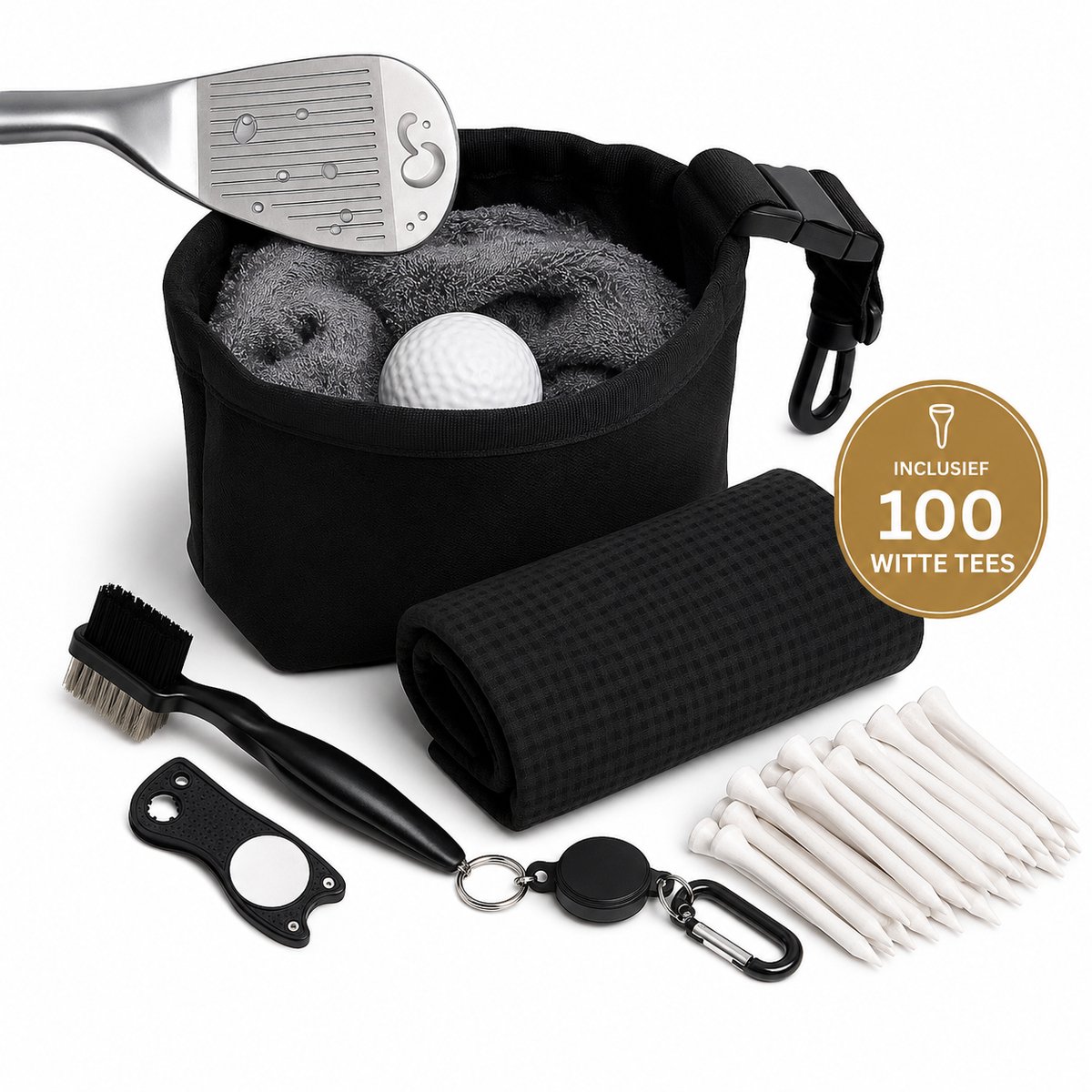 GolfClean Pro Set Compleet – Complete Reinigingsset Voor je Golfuitrusting- Golf Accessoires - Golf Handdoek + Golf Borstel + Pitchfork + 100 Witte Golf Tees - Zwart - Cadeau Set