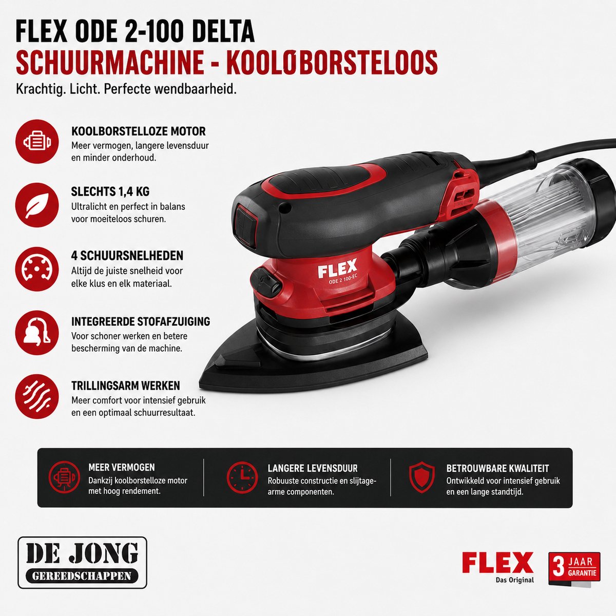 FLEX ODE 2-100 Delta Schuurmachine - Koolborstelloos - Met stofafzuiging - Excentrisch roterend - Lichtgewicht behuizing - Regelbaar toerental - Klittenband schuurpad - Zachte aanloop - Herstartbeveiliging – foto 6
