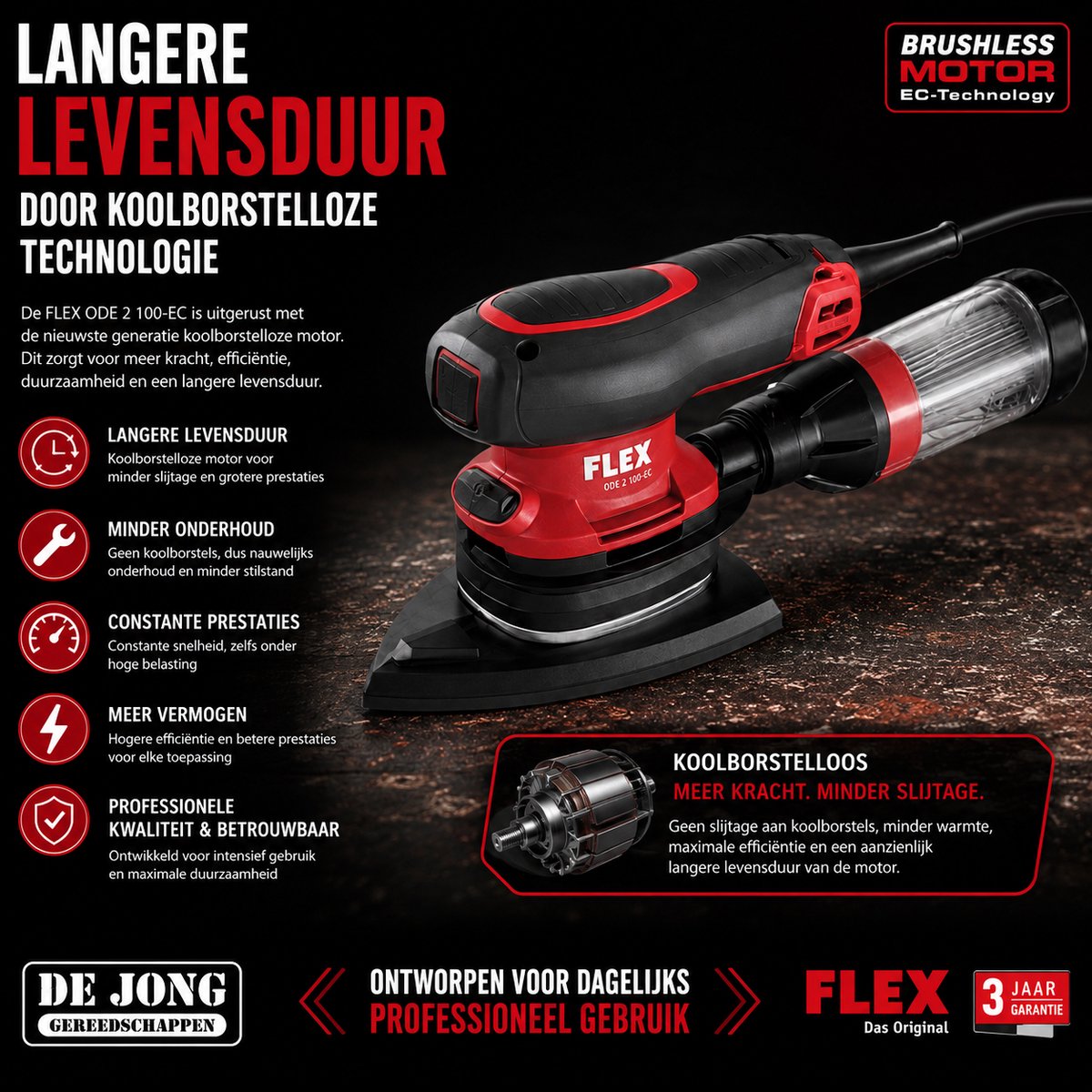 FLEX ODE 2-100 Delta Schuurmachine - Koolborstelloos - Met stofafzuiging - Excentrisch roterend - Lichtgewicht behuizing - Regelbaar toerental - Klittenband schuurpad - Zachte aanloop - Herstartbeveiliging – foto 4