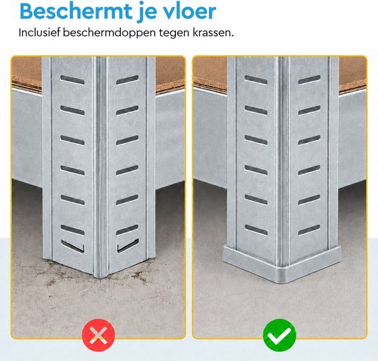 Detail van de poten van een stellingkast: links met krassen op de vloer, rechts met beschermvoetjes.