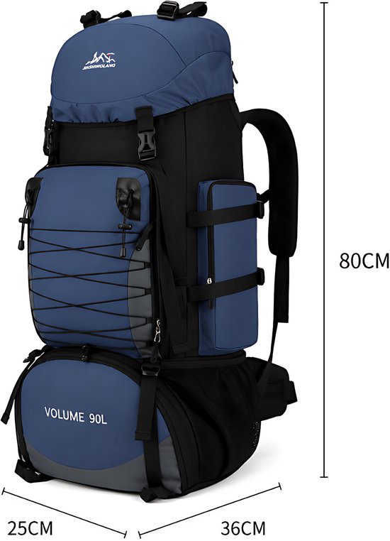 Afmetingen van een blauwe en zwarte 90L trekkingrugzak: 80cm hoog, 25cm breed, 36cm diep.