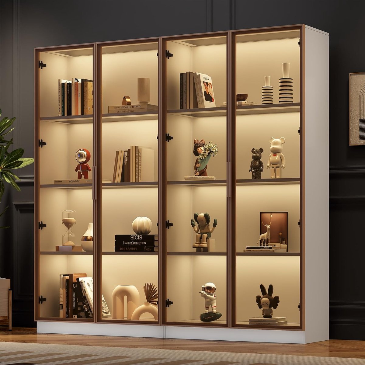 Glazen vitrinekast set van 2 – House&Garden LED vitrinekast 80x40x160 cm per stuk – Dubbele vitrinekast met 16 kleuren LED verlichting – Vitrine kast met deuren & verstelbare planken – Moderne displaykast duo set voor woonkamer & collectie