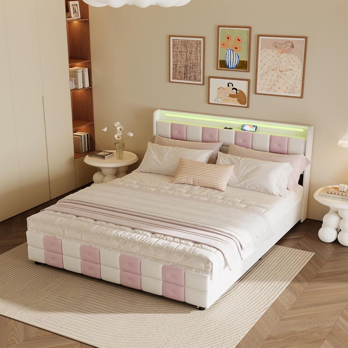 Tweepersoonsbed met lade - Gestoffeerd bedframe - Opbergen en slapen - Met LED en USB - 16