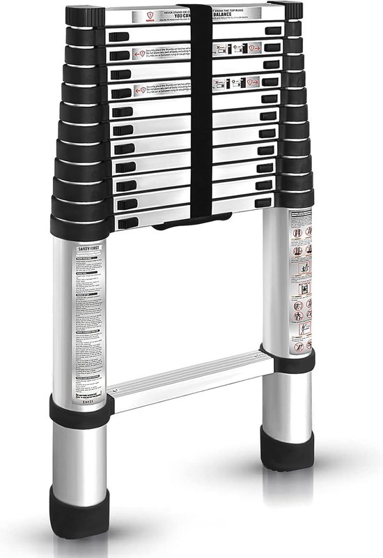 Volledig uitgeschoven aluminium telescopische ladder met veel antislip-stappen, beschermkappen en veiligheidsinstructies.