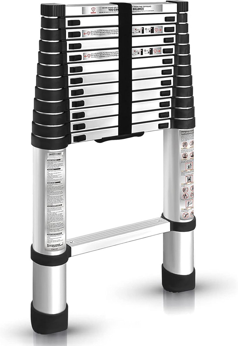 Aluminium telescopische ladder - Vouwladder - Rechte ladder - Trapladder - Schuift naar binnen - Uitschuifbaar - Multifunctioneel - Opvouwbaar - 3,9 meter
