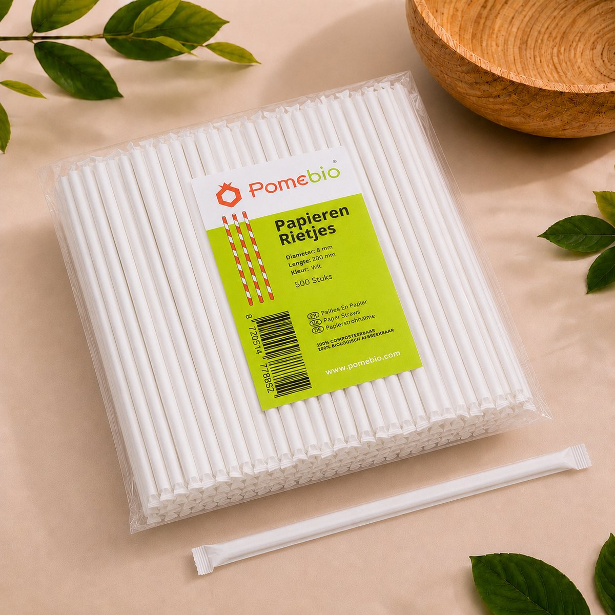 Pomebio papier rietjes - drinkrietjes - 8x200mm - 500 stuks - per stuk verpakt
