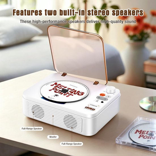 Draagbare cd-speler met Bluetooth, 2600mAh-batterij, USB- en AUX-ingang, twee 3W-luidsprekers en afstandsbediening - ideaal voor senioren, een nostalgisch cadeau of voor een thuisfeestje (wit) — afbeelding 2