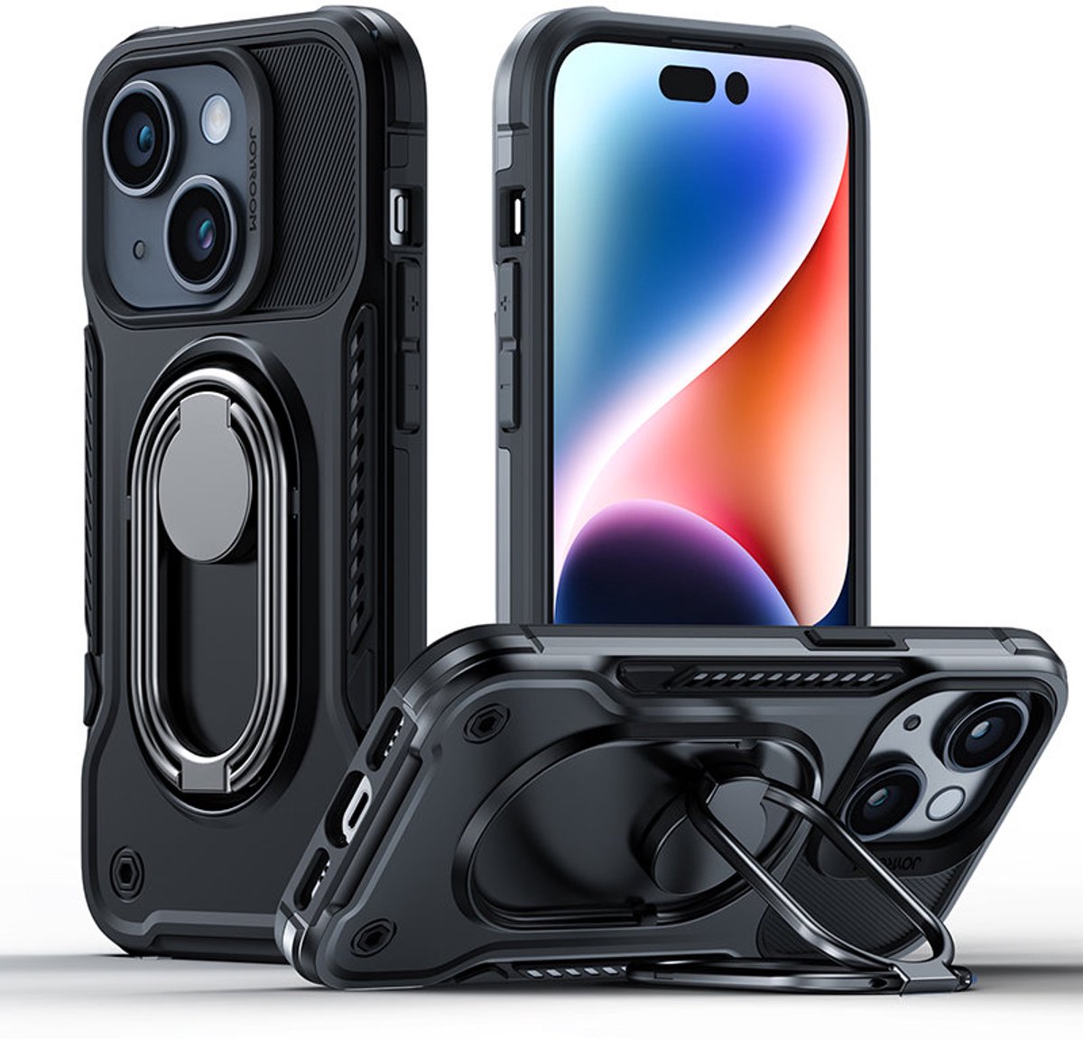 Joyroom - Dual - Hinge iPhone - 14 - hoesje, - gepantserde - cover - met - standaard, - ringhouder, - zwart