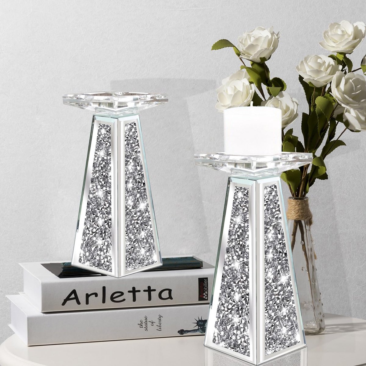 Kandelaars Set - Kaarshouders Kristal - Tafeldecoratie - Gebroken Diamant Design - 8 Inch Hoog - Zilver