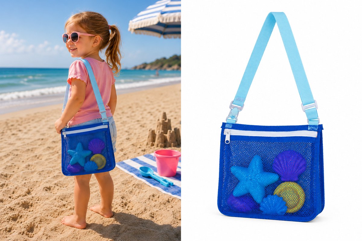 Strandtas Kind 2-8 Jaar – Speelgoedtas met Rits en Verstelbare Schouderriem – Blauw – 20 x 25 cm