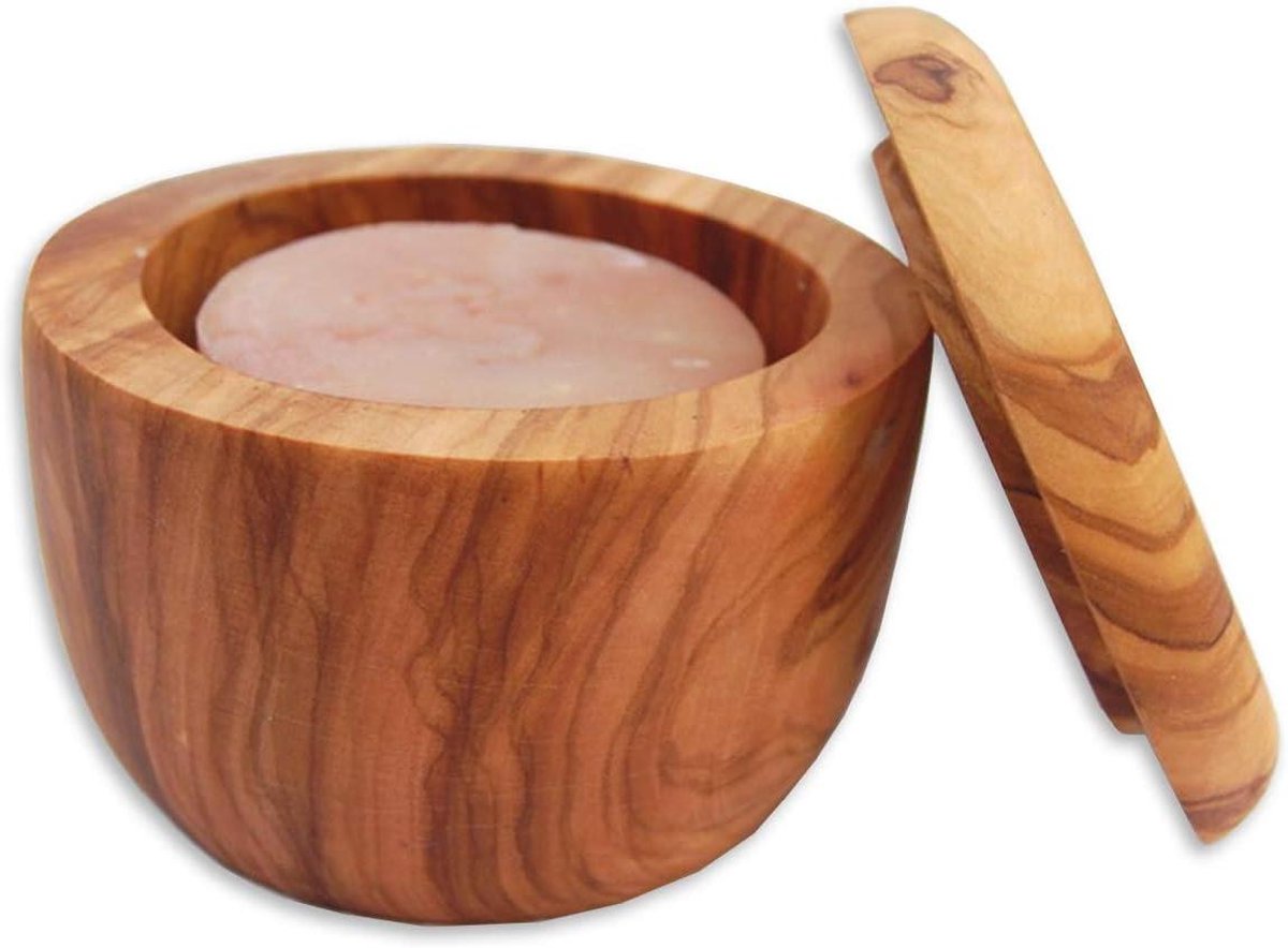 Olijfhouten Pot - Scheerzeepkom Deksel - Schuim Maken - Uniek Nerfpatroon - 9.5 cm - Olijfhout