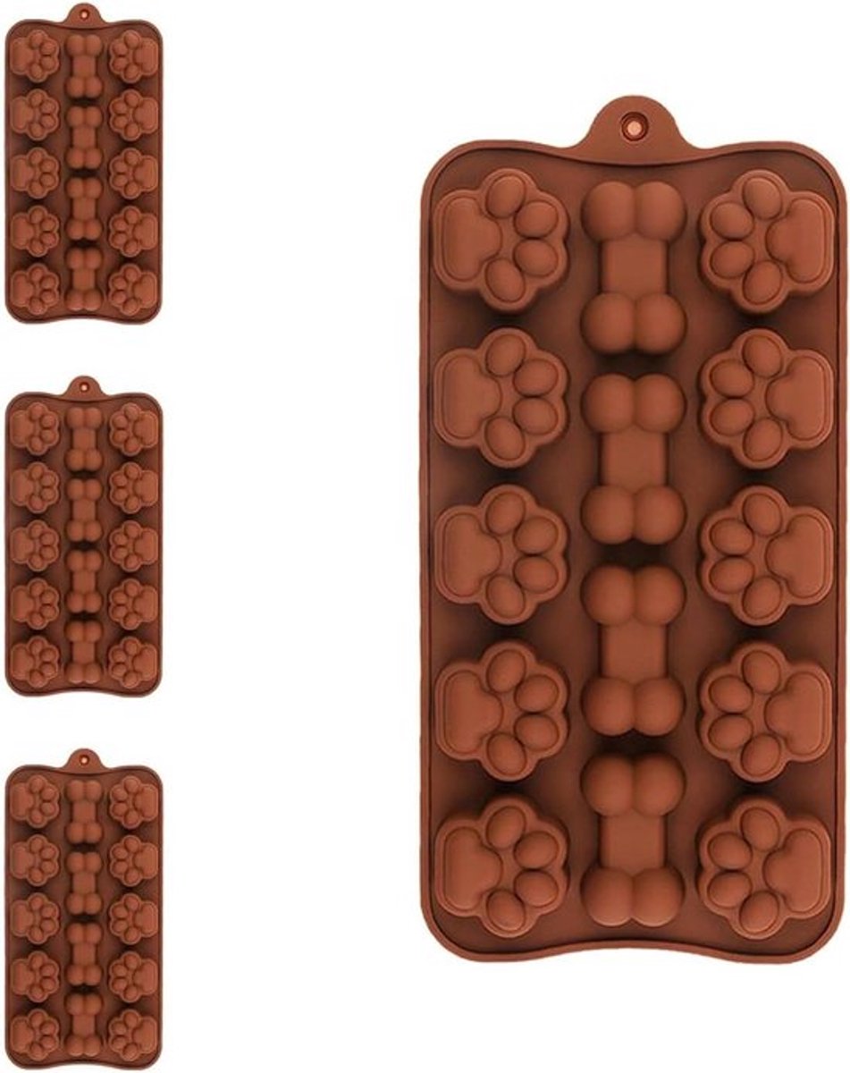 Set van 4 Dog Bone bakvorm Dog Paw chocoladevorm voor het bakken van chocolade oven magnetron vriezer (bruin)