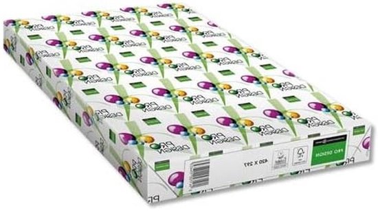Pak wit ProDesign printerpapier op A3-formaat met gekleurd bolpatroon en groene merkdetails.