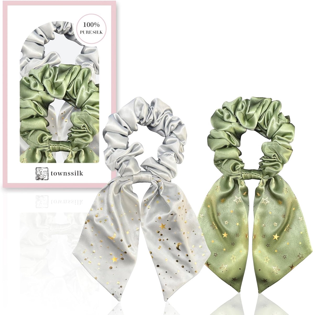 Silk Scrunchie Set van 2 met Strik - 100% Mulberry Silk - Bulky en Zacht - Oeko-Tex Gecertificeerd - Zilver + Weidegroen