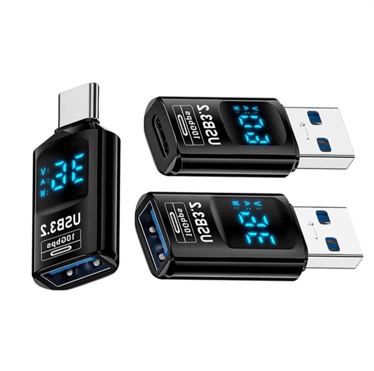 USB C Adapter - Type A Converter - Data Stroom Meten - LED Volt Stroom Display - 3 Stuks Set