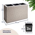 Afmetingen van beige plantenbak met vlechtstructuur: 83x31x60cm. 3 uitneembare binnenbakken van 25x20x20cm.
