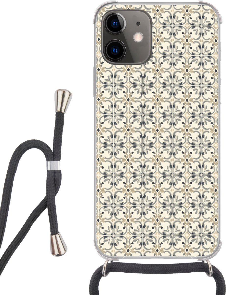 Telefoonhoesje Geschikt voor iPhone 12 - Floraal - Patroon - Kleurrijk - Siliconen - Crossbody - Backcover met Koord - Telefoonhoesje met koord - Hoesje met touw Telefoonhoesje