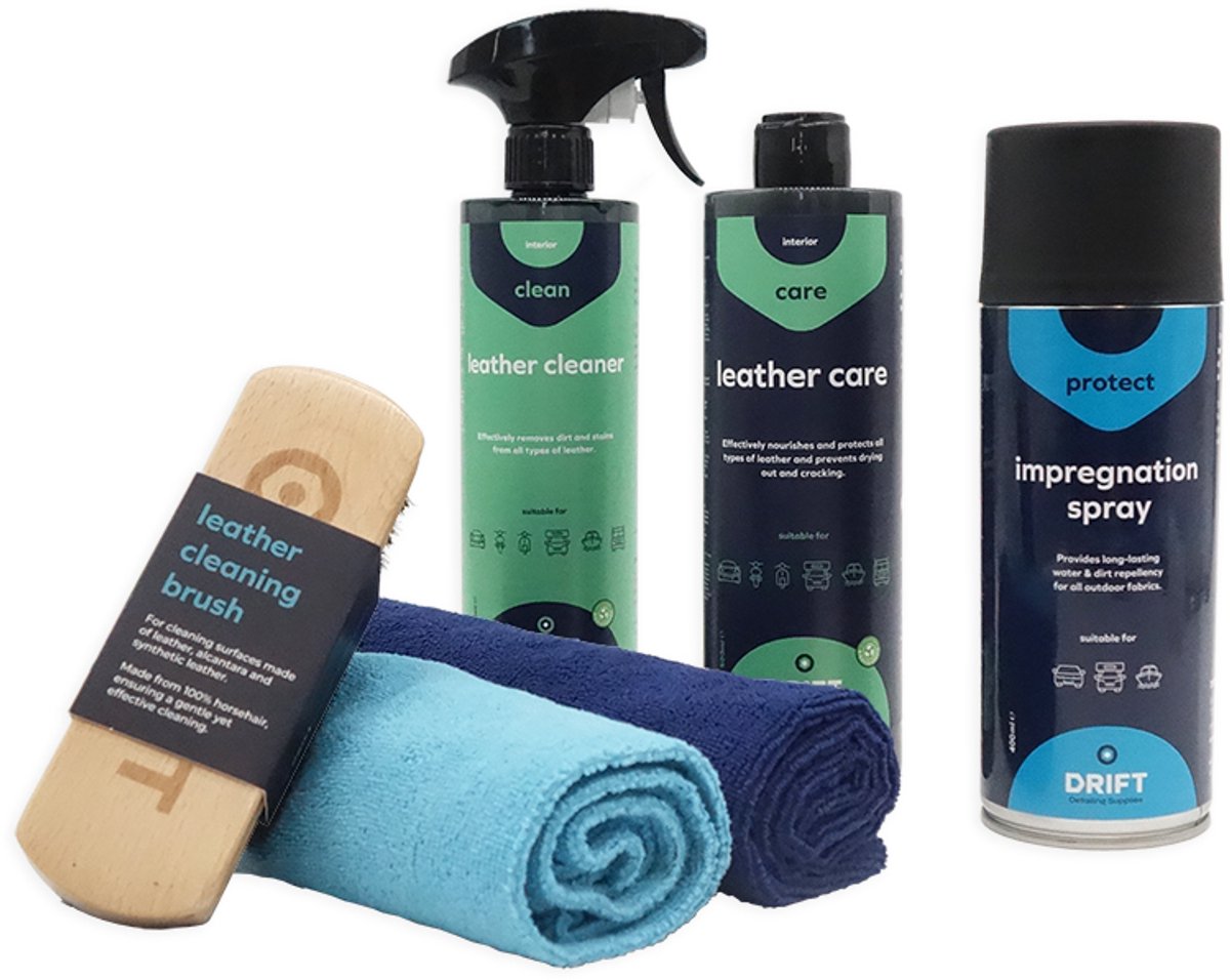 Leather Care Kit – Leerverzorging Set voor Auto & Moto – Leer Reiniger, Conditioner en Beschermspray – Complete Leder Onderhoud Kit – DRIFT Detailing Supplies