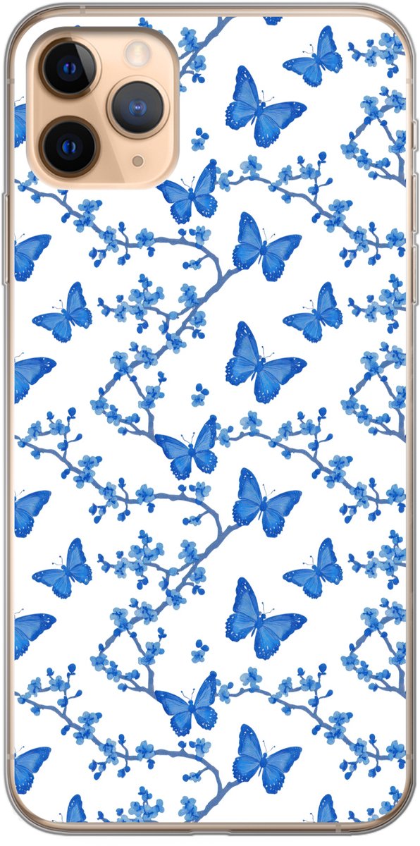 Telefoonhoesje Geschikt voor iPhone 11 Pro Max hoesje - Vlinder - Bloemen - Blauw - Siliconen Telefoonhoesje Telefoonhoesje