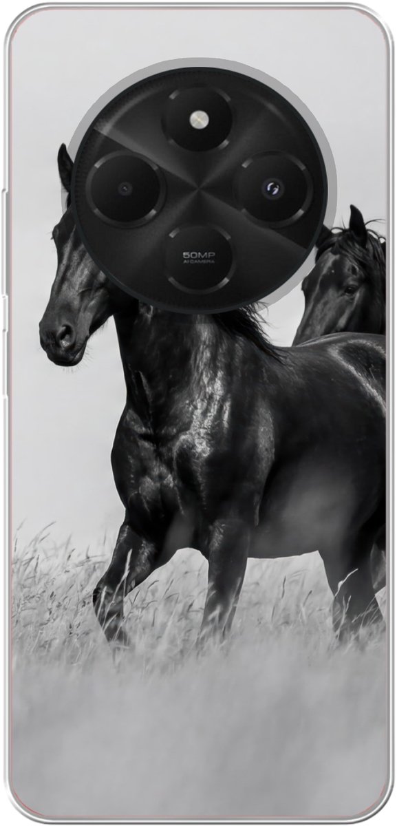 Telefoonhoesje Geschikt voor Xiaomi Geschikt voor Poco C75 (5G) hoesje - Paarden - Gras - Zwart - Wit - Siliconen Telefoonhoesje Telefoonhoesje