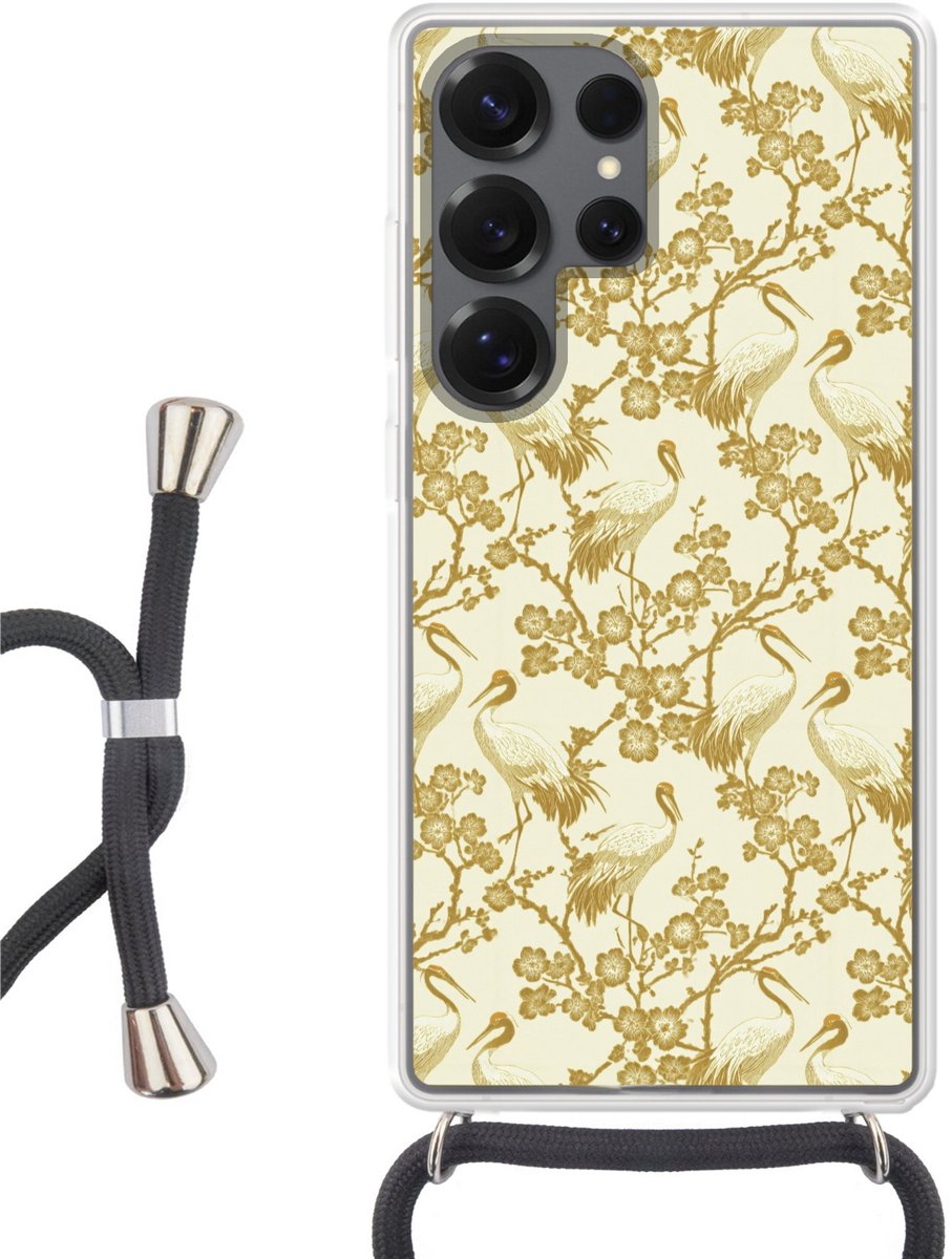 Telefoonhoesje Geschikt voor Samsung Galaxy S25 Ultra - Kraanvogels - Kersenbloesem - Goud - Siliconen - Crossbody - Backcover met Koord - Telefoonhoesje met koord - Hoesje met touw Telefoonhoesje