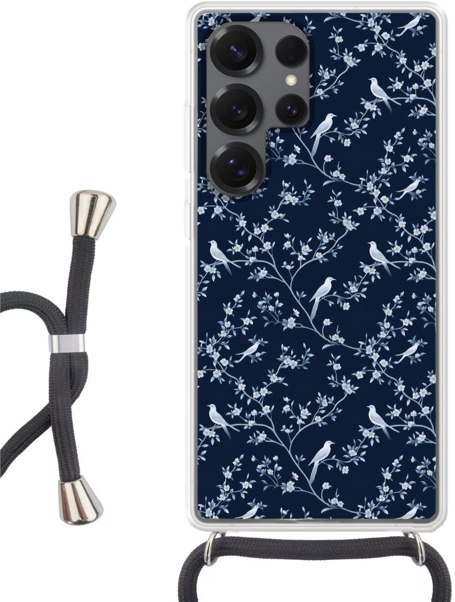 Telefoonhoesje Geschikt voor Samsung Galaxy S25 Ultra - Grafisch - Bloesemtak - Blauw - Siliconen - Crossbody - Backcover met Koord - Telefoonhoesje met koord - Hoesje met touw Telefoonhoesje