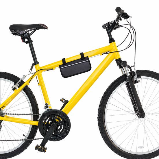 Gele herenfiets met een zwarte frame tas bevestigd aan de bovenbuis.