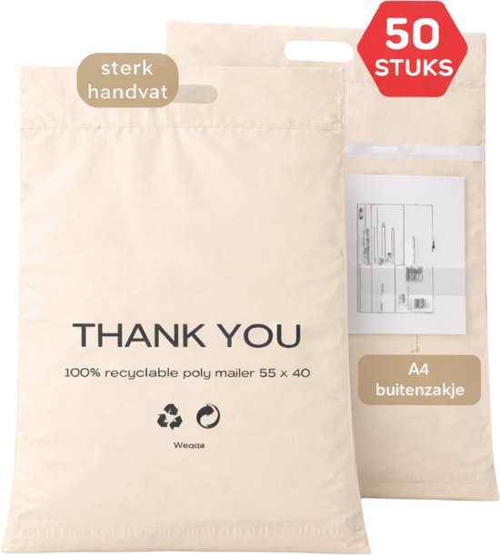 Verzendzakken voor kleding - verzendzakken groot formaat - verzendzakken webshop - 55cm x 40cm - handvat - XL - 100% recycleerbaar - buitenzak - Vinted - "Thank you" - 50 stuks