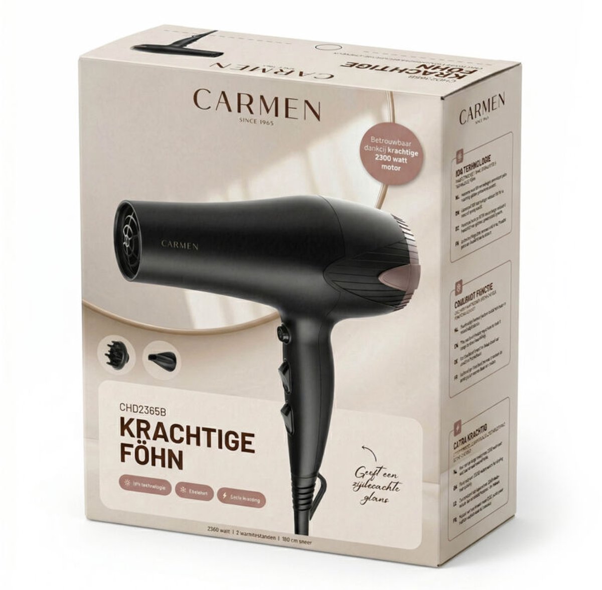 Carmen CHD2365B - Föhn - Inclusief diffuser - 2300 watt - Haardroger - ION technologie - 3 warmtestanden - Coolshot functie thumbnail 4