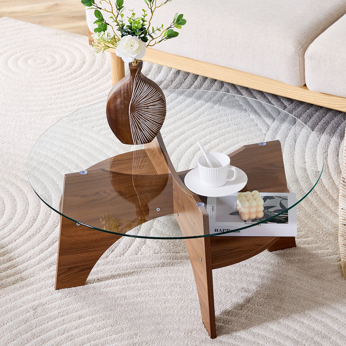 MIVRAY Bijzettafel - Ronde Glazen Tafel Met Veiligheidsglas - Voor Woonkamer En Balkon - MDF In Walnootkleur - 80x36 Cm Notenhout