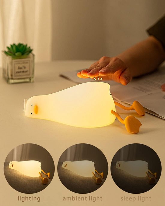 Babykamer Nachtlampje -Kinderkamer Nachtlampje - Lazy Duck - USB -Led Dimmer - Drie dimbare niveaus - Kan getimed worden -Dimbare Touch Sensor LED Lamp voor Kinderen -Kindvriendelijk - Mobielhouder -Liggende eend nachtlampje - Wit van Merkloos — afbeelding 3