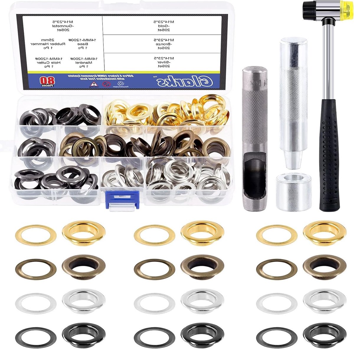 82 Stuks 14MM Metalen Versterkte Oogjes met Pons en Hamer voor Canvas, Kleding en Tarp
