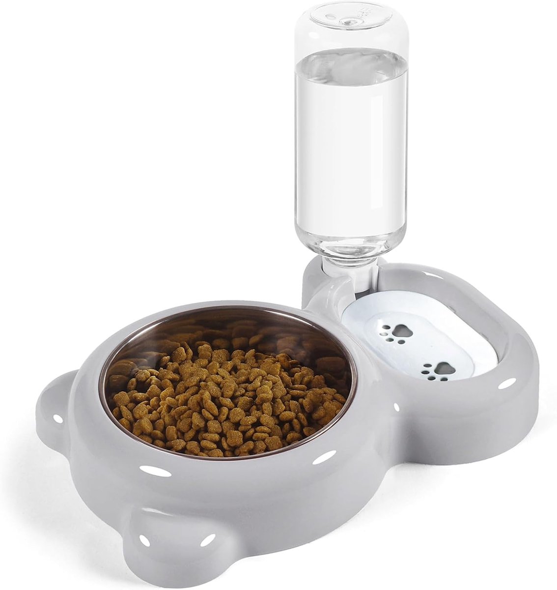 OLOEY Voer- en waterbakset voor honden en katten met waterdispenser en roestvrijstalen kom- geschikt voor katten en kleine honden - Grijs