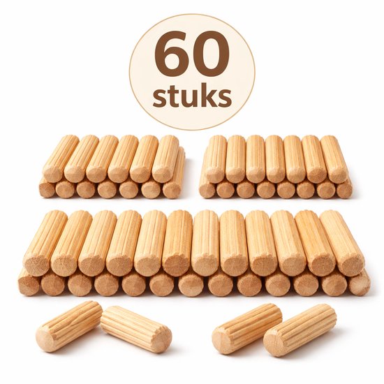 60 houten deuvels van 6 mm, 8 mm en 10 mm breed, gerangschikt in rijen.