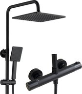 Auralum Regendouche met Thermostaatkraan - Doucheset - 25CM Vierkante Hoofddouche - Thermostatische Mengkraan - Verstelbare Hoogte 88-124 cm - Waterbesparend - Douchesysteem - Zwart