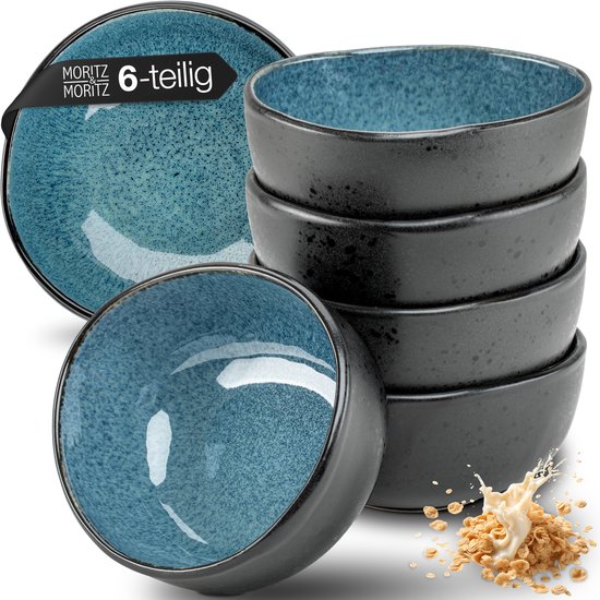 Set van zes zwarte kommen met blauw binnengedeelte, met de tekst 'MORITZ & MORITZ 6-delig'.