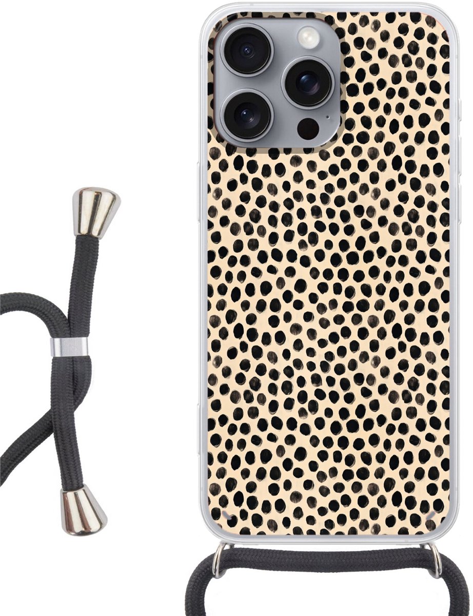 Telefoonhoesje Geschikt voor iPhone 16 Pro Max - Stippen - Patroon - Zwart - Siliconen - Crossbody - Backcover met Koord - Telefoonhoesje met koord - Hoesje met touw Telefoonhoesje