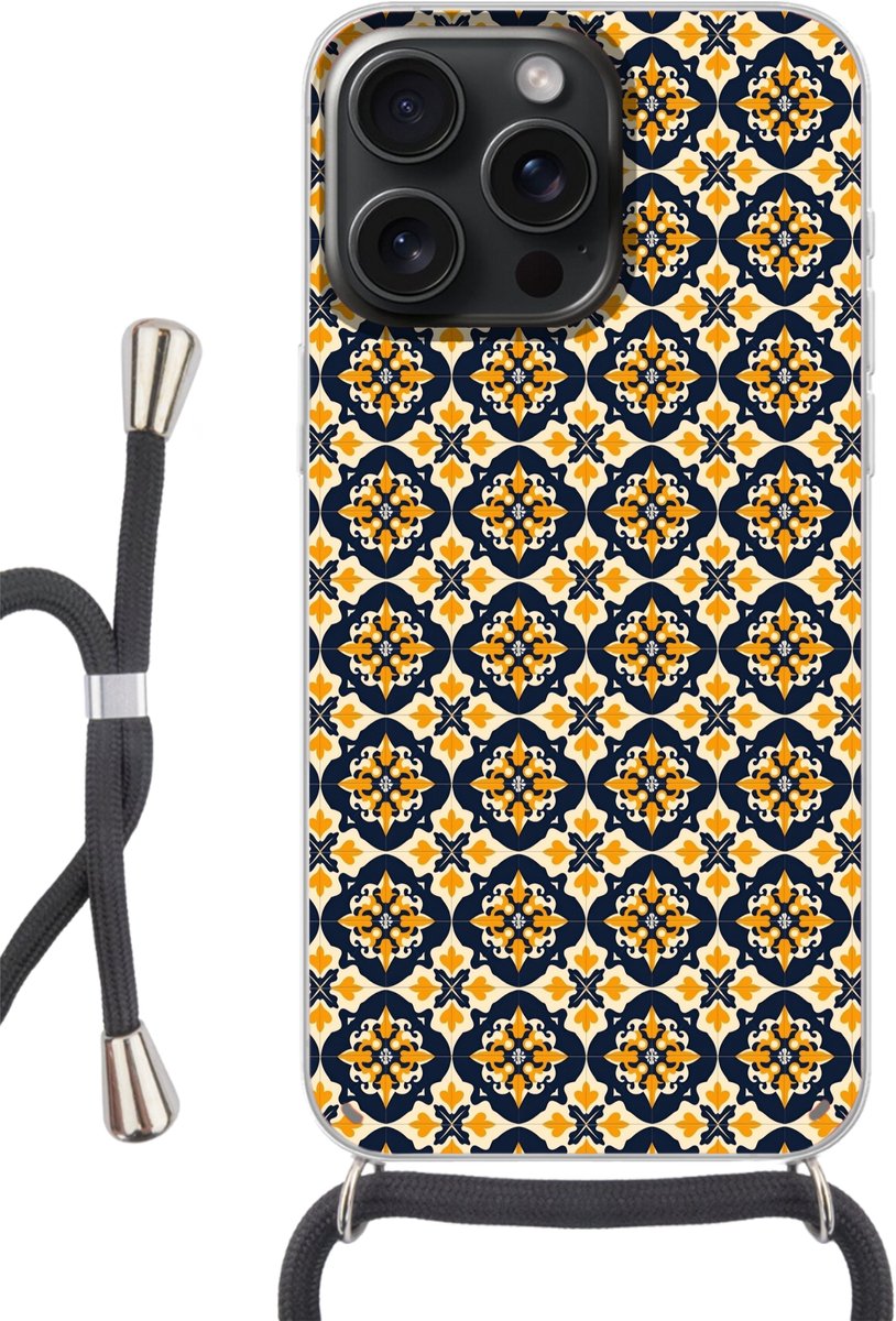 Telefoonhoesje Geschikt voor iPhone 15 Pro - Patroon - Siertegel - Kleurrijk - Siliconen - Crossbody - Backcover met Koord - Telefoonhoesje met koord - Hoesje met touw Telefoonhoesje