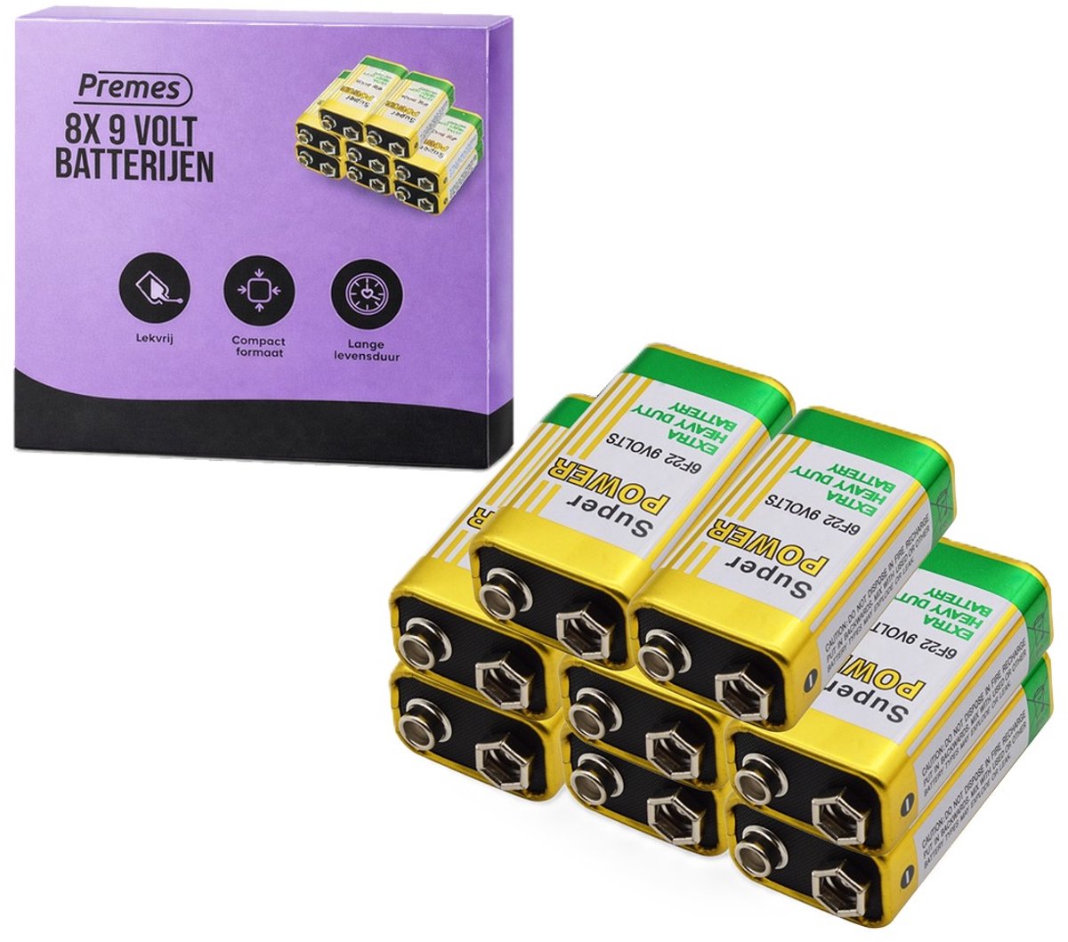 Premes - 9 Volt Batterij - 8 Stuks - Batterijen - 9V Batterij - 9V - Baterijen - Blokbatterij 9 Volt Rookmelder - Blokbatterij - Blok Batterij - Batterijen 9 Volt - 9V Lithium Batterij - 9V-Batterijen - Batterij Blok