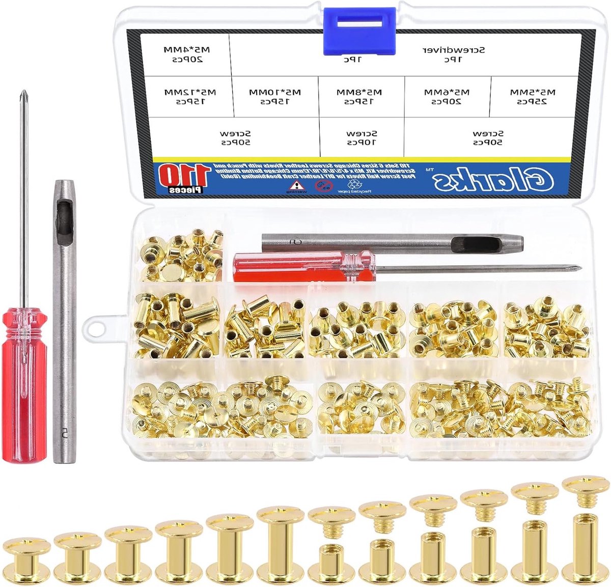 110 Sets Chicago Screws in 6 Maten voor Leerbewerking met Punch en Schroevendraaier Kit, M5 x 4/5/6/8/10/12mm - Perfect voor DIY Leerprojecten en Handgemaakte Accessoires